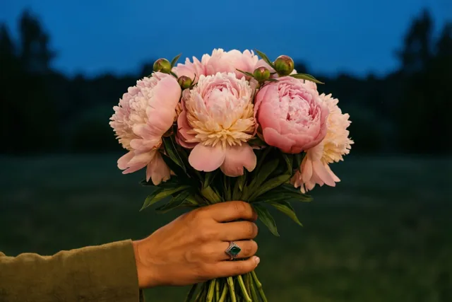 Een hand met een ring met één steen houdt een boeket zachtroze pioenrozen vast, buiten met een groen veld en een diepblauwe schemerhemel op de achtergrond.