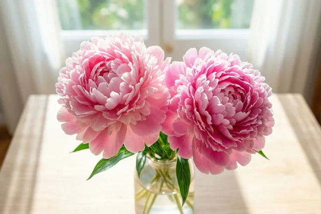 Twee grote roze pioenrozen met overlappende bloemblaadjes staan in een doorzichtige glazen vaas op een licht houten tafel, met zacht zonlicht door een raam op de achtergrond.