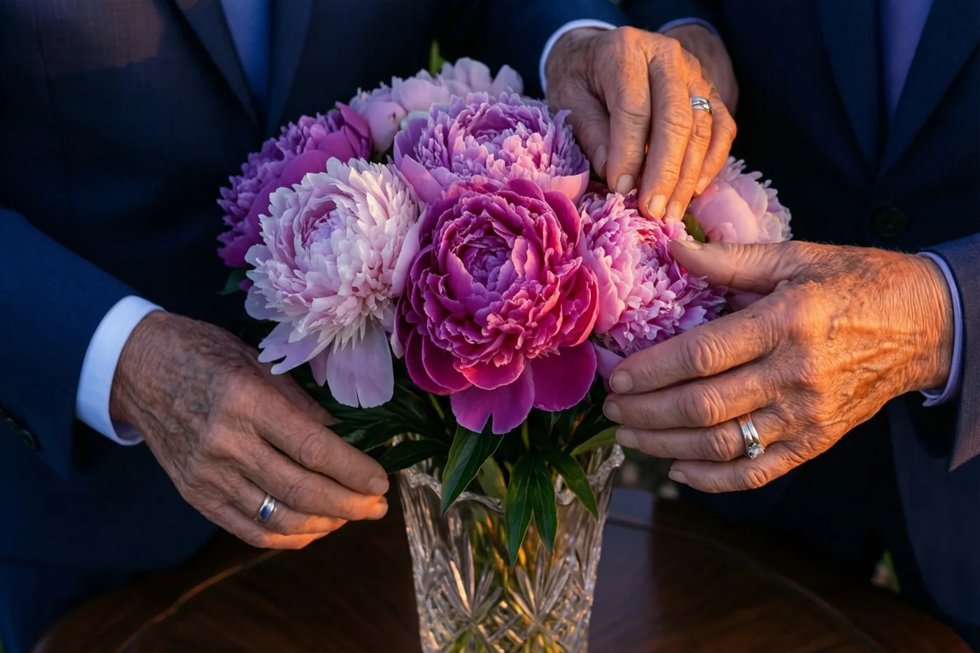 Twee oudere handen met trouwringen schikken roze en paarse pioenrozen in een kristallen vaas op een houten tafel in warm goudkleurig licht.