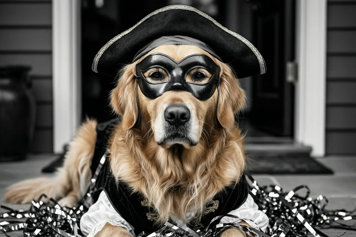 Een golden retriever met een piratenhoed en zwart masker zit op een drempel tussen zwarte en zilveren slingers, met kleur op de hond tegen een monochrome achtergrond.