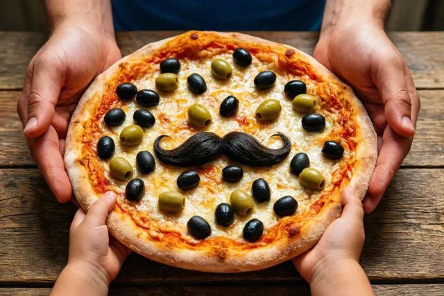 Twee volwassen handen en twee kinderhanden houden een pizza met een snor van zwarte en groene olijven vast boven een rustieke houten tafel.