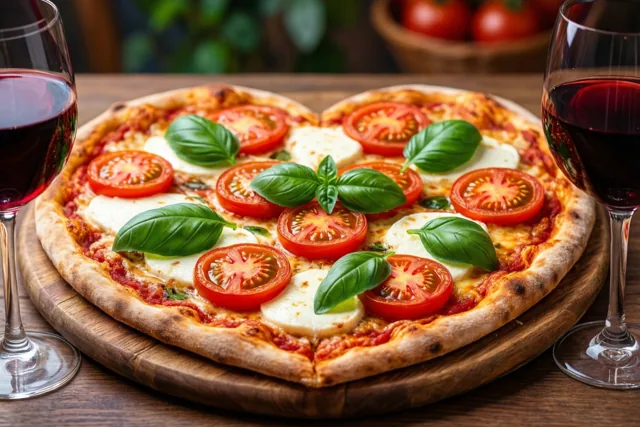 Een hartvormige pizza met tomaat, mozzarella en basilicum ligt op een houten plank tussen twee glazen rode wijn, met onscherp groen en een mand tomaten op de achtergrond.