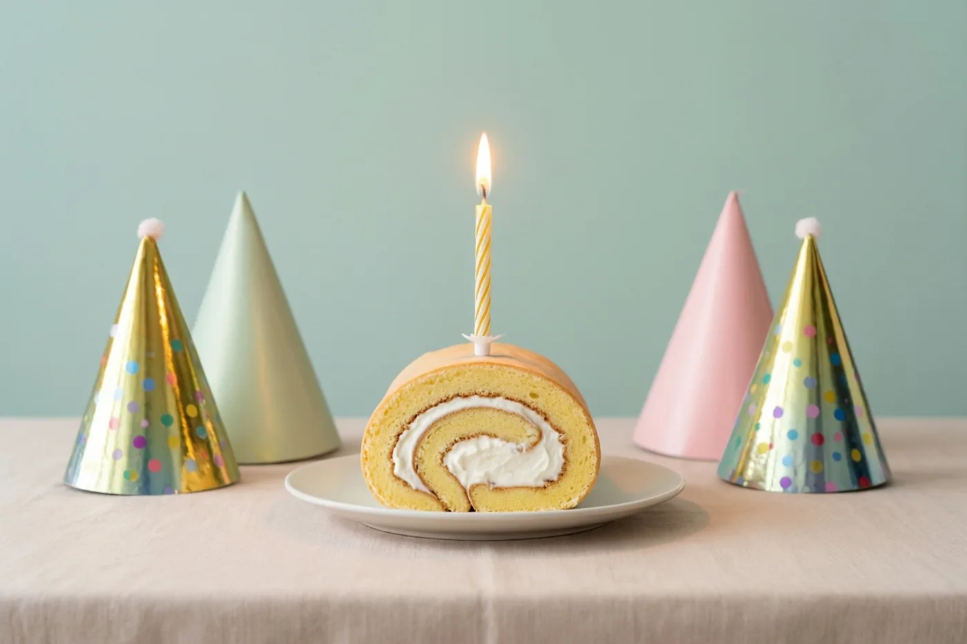 Een plak biscuitrol met roomvulling en één brandend kaarsje ligt op een wit bord tussen vier kleurrijke feesthoedjes op een licht tafelkleed voor een bleekgroene muur.