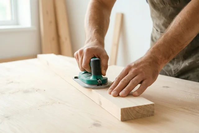 Een man met een beige schort schuurt een houten plank op een werkbank met een groen-zwarte elektrische schuurmachine in een lichte werkruimte.