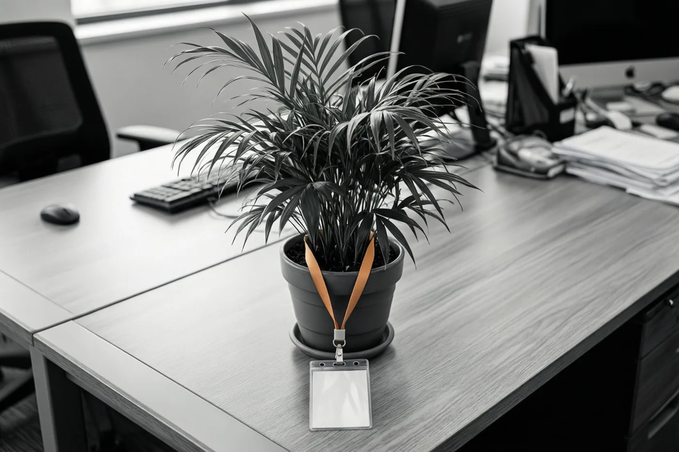 Een plant met lange bladeren staat op een modern bureau met een oranje halslint en een lege kaarthouder rond de pot, in een verder zwart-wit beeld.