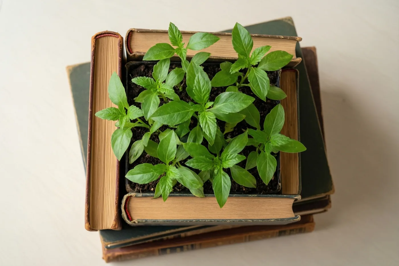 Een groen plantje groeit uit een potje dat tussen een stapel oude, versleten boeken zit, tegen een effen lichte achtergrond.