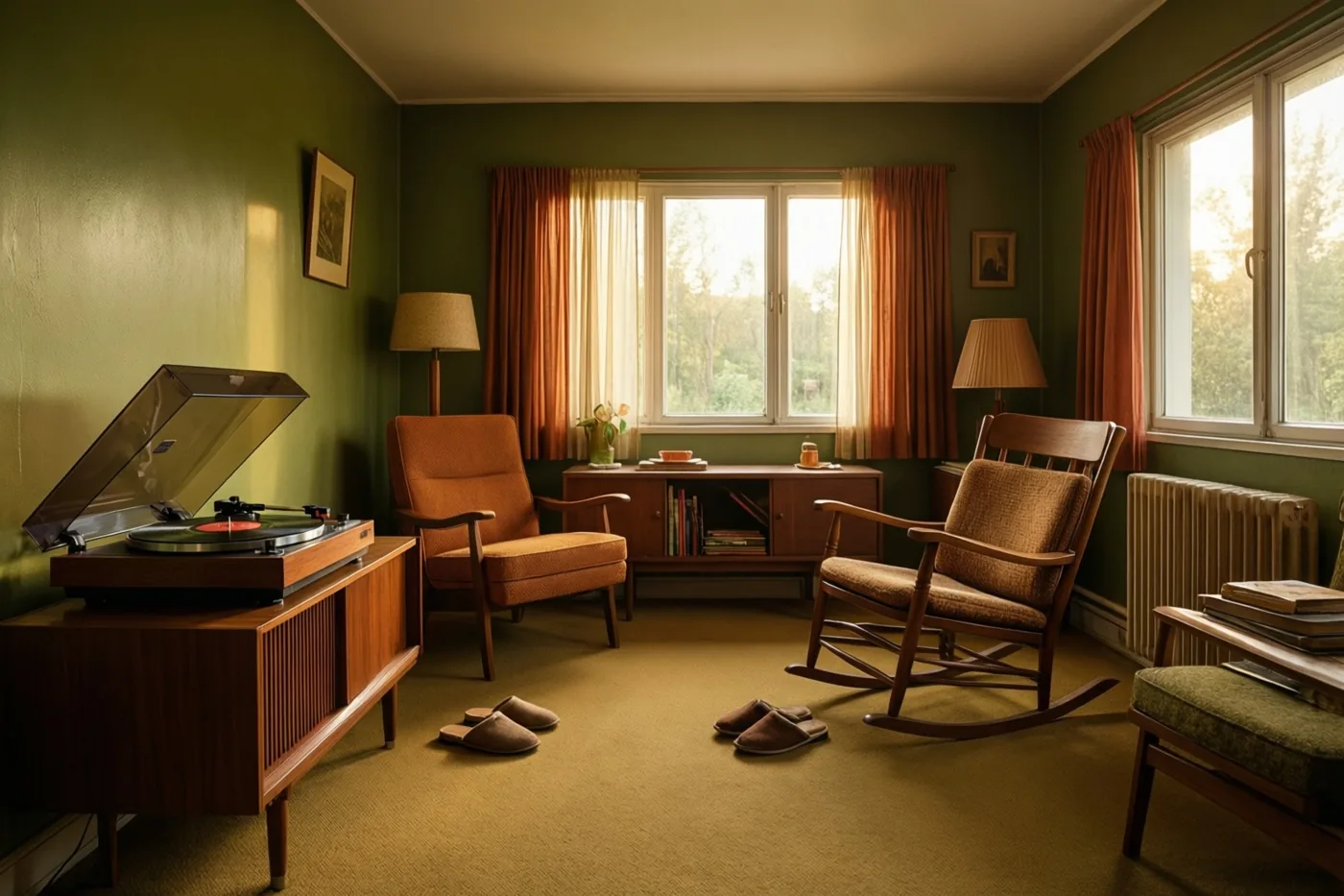 In een woonkamer in jarenzestigstijl met groene muren en oranje gordijnen staan een houten platenspeler op een dressoir en een schommelstoel, met pantoffels op het tapijt en warm licht van ramen en lampen.