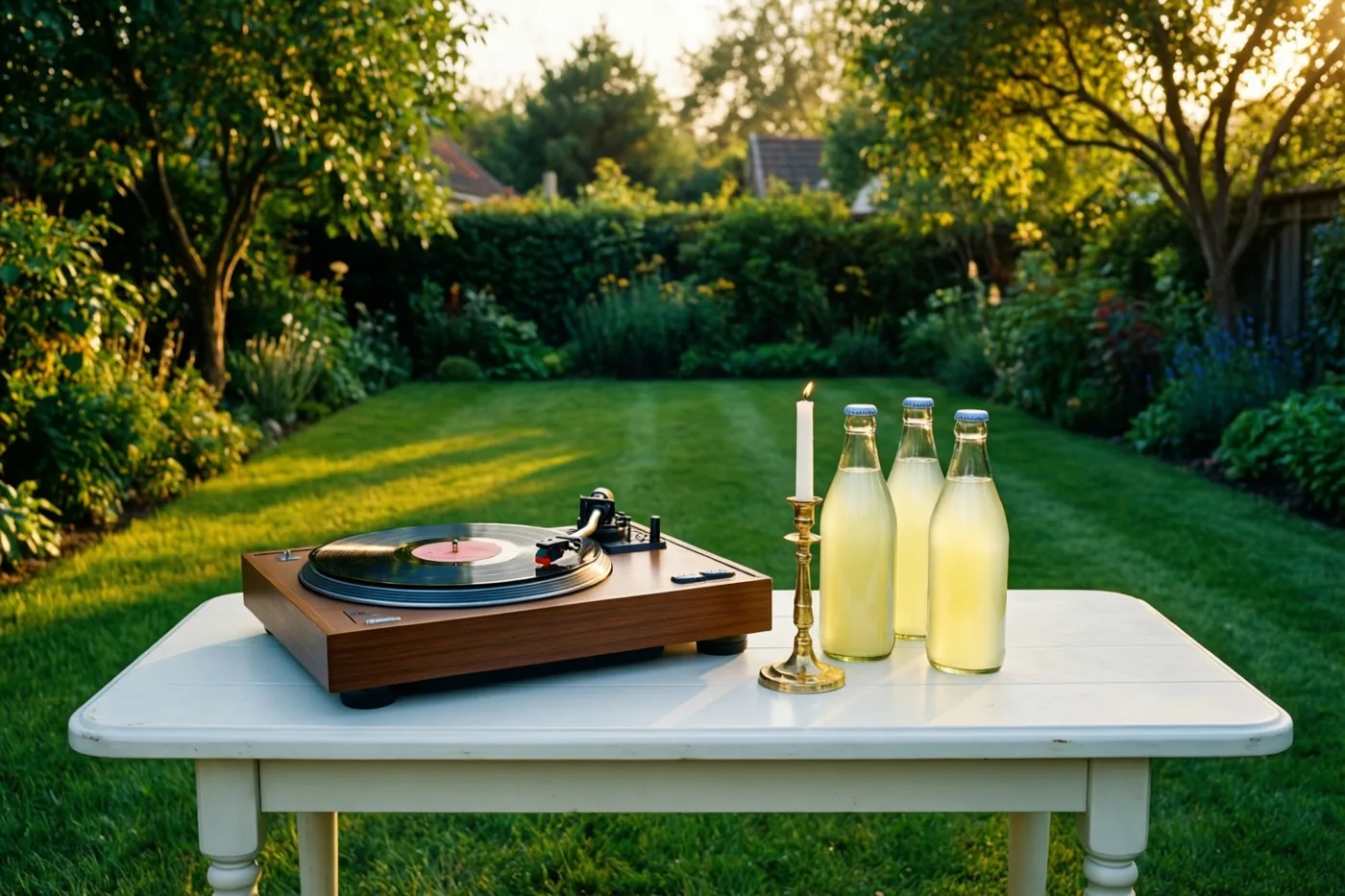 Een houten platenspeler met een plaat, drie glazen flesjes limonade en een brandende communiekaars in een messing houder staan op een witte tuintafel tussen bomen en struiken in goudkleurig zonlicht.