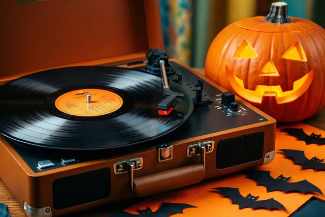 Een draagbare retroplatenspeler met een draaiende zwarte vinylplaat staat naast een verlichte uitgesneden pompoen en papieren vleermuizen op een oranje ondergrond.