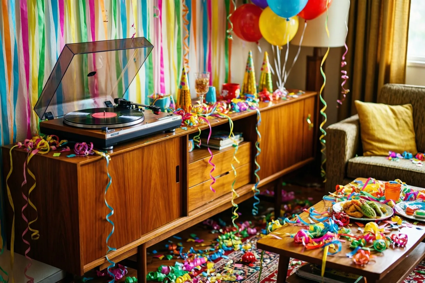 Een jarenzestigwoonkamer is versierd met kleurrijke slingers, ballonnen, confetti en feesthoedjes, met een platenspeler op een teakhouten dressoir en veel geel, rood en blauw.