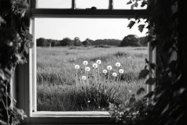 Een zwart-witfoto toont pluizenbollen van paardenbloemen in een grasweide door een raamkozijn, met bladeren die de zijkanten deels bedekken.