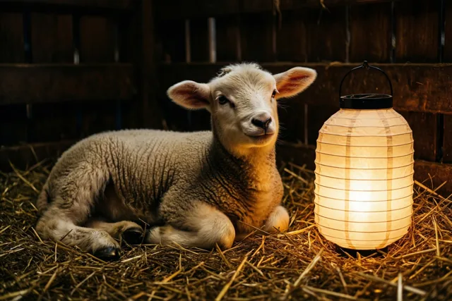 Een jong lammetje met pluizige witte wol rust op stro in een schuur, verlicht door de warme gloed van een papieren lantaarn ernaast.