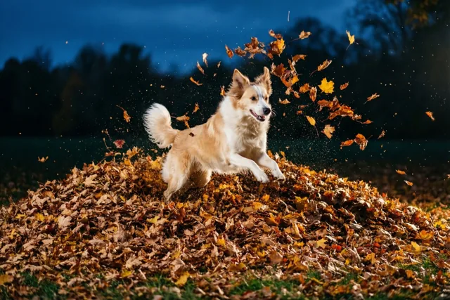 Een pluizige hond springt in een grote hoop herfstbladeren in een grasveld met bomen onder een donkerblauwe schemerlucht.
