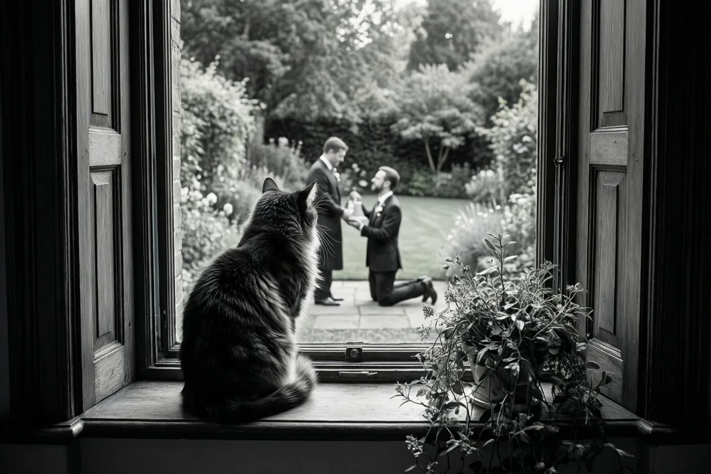 Op een zwart-witfoto kijkt een pluizige kat vanaf een vensterbank naar een man in pak die in een tuin knielt om een andere man ten huwelijk te vragen.