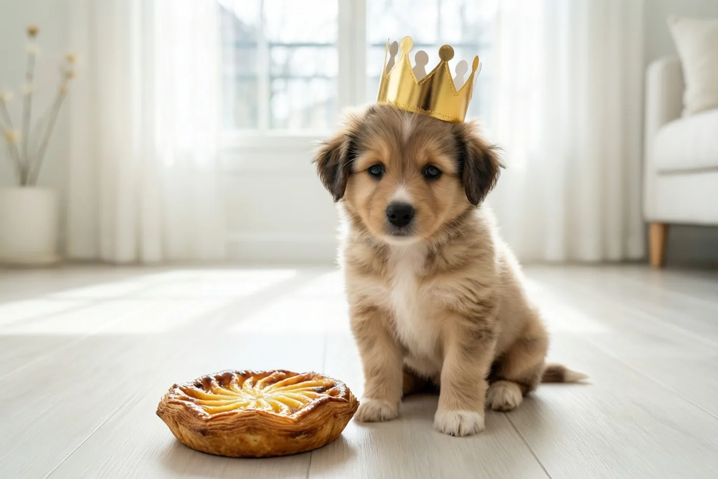 Een kleine pluizige puppy met een gouden papieren kroon zit naast een frangipanetaart op een lichte houten vloer in een lichte kamer met witte gordijnen.