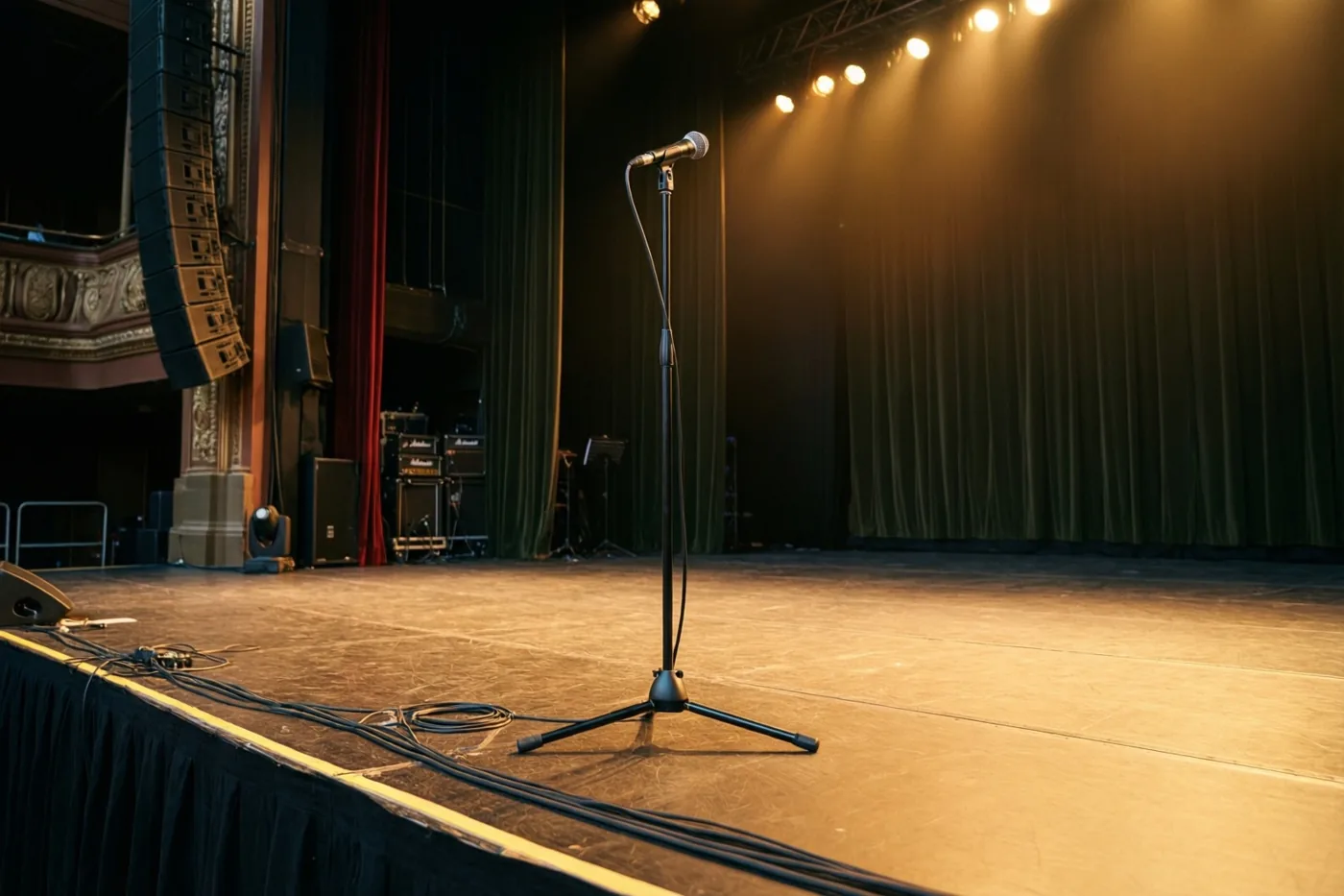 Een enkel microfoonstatief staat midden op een leeg concertpodium met warme amberkleurige spots, donkergroene gordijnen en zwarte podiumapparatuur.