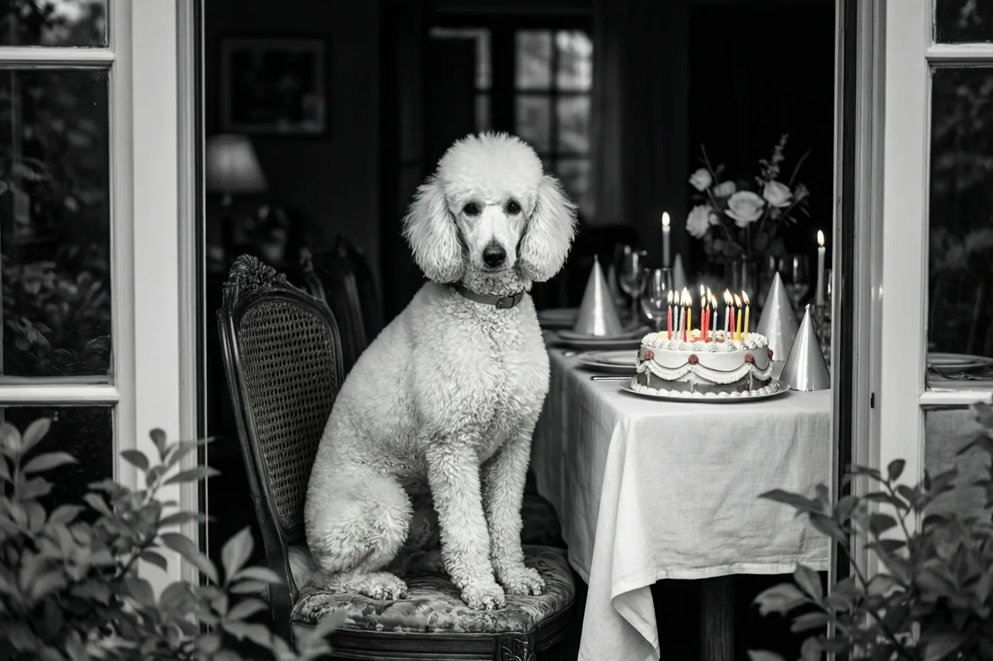 Op een zwart-witfoto zit een witte poedel op een sierlijke stoel aan een feesttafel met een taart met brandende kaarsjes en papieren feesthoedjes.