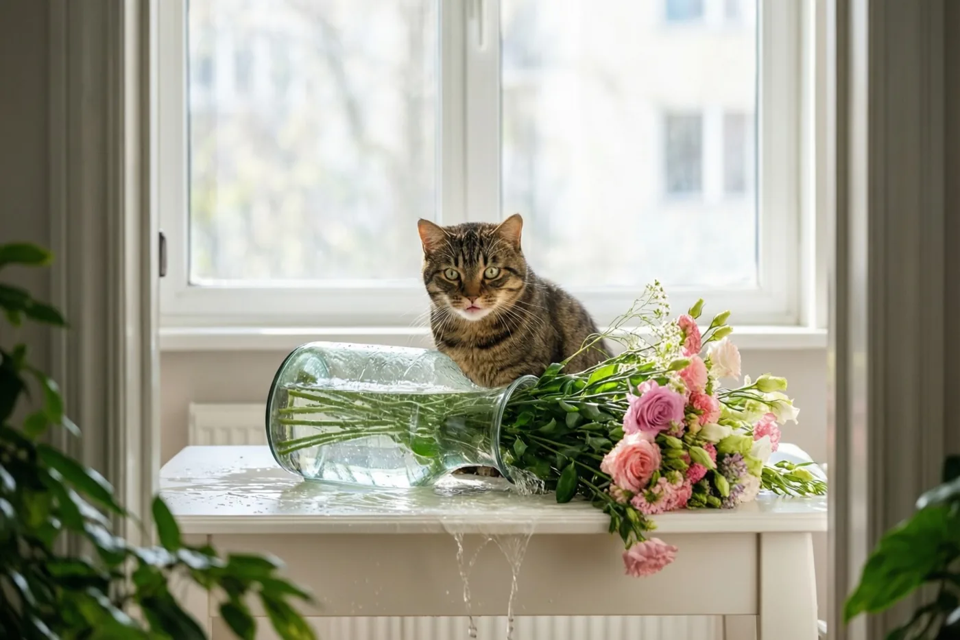 Een tijgerkat met grote ogen zit bij een helder raam naast een omgevallen glazen vaas op een witte tafel, met uitstromend water en roze en witte bloemen.