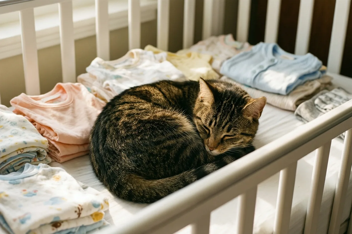 Een tijgerkat slaapt opgekruld in een wit babybedje, omringd door netjes opgevouwen babykleertjes in zacht ochtendlicht.