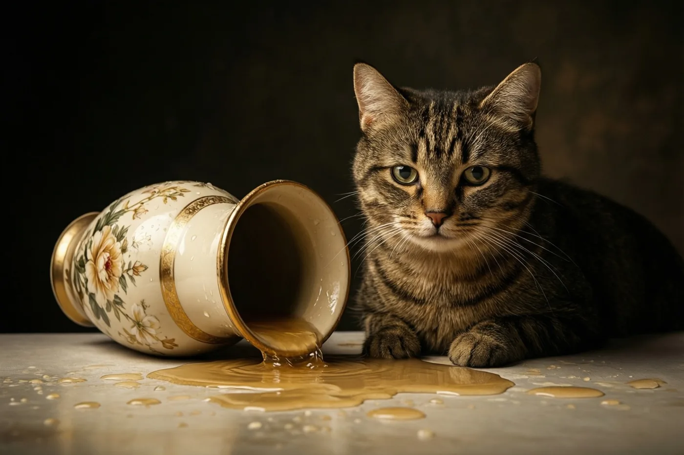 Een tijgerkat zit met een schuldbewuste blik naast een omgevallen siervaas waaruit bruine vloeistof over de tafel loopt, tegen een donkere achtergrond in warm licht.