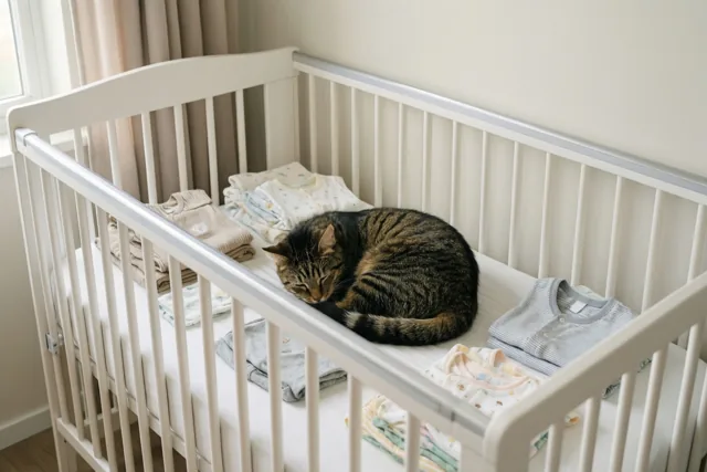 Een tijgerkat slaapt opgekruld tussen netjes opgevouwen babykleertjes in een wit babybedje, met zacht ochtendlicht door het raam.