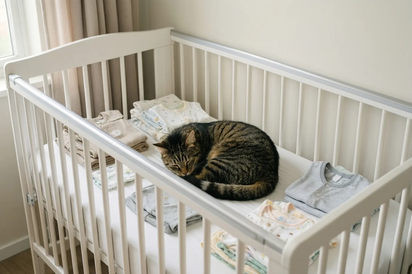 Een tijgerkat slaapt opgekruld tussen netjes opgevouwen babykleertjes in een wit babybedje, met zacht ochtendlicht door het raam.