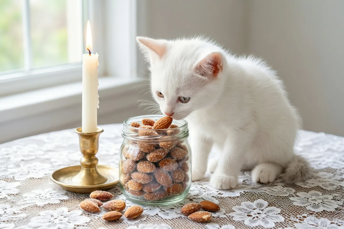 Een wit katje snuffelt aan een glazen pot suikerbonen op een wit kanten tafelkleed, naast een brandende doopkaars in een messing houder met raamlicht op de achtergrond.