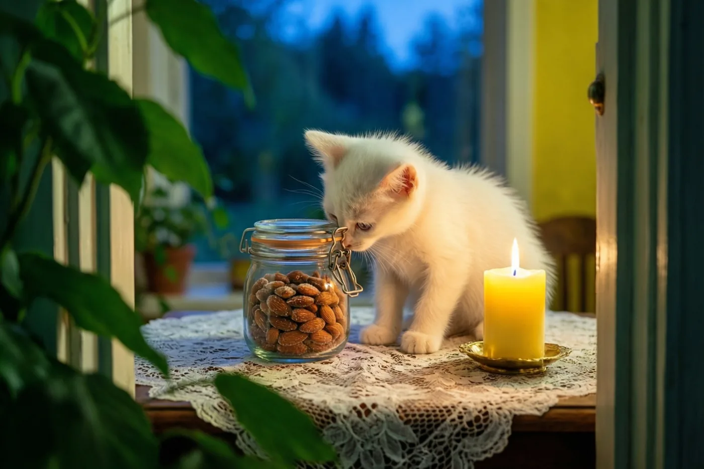 Een wit katje snuffelt aan een glazen pot suikerbonen op een kanten kleed op de vensterbank, naast een brandende gele doopkaars met een blauw avondzicht buiten en groene bladeren op de voorgrond.