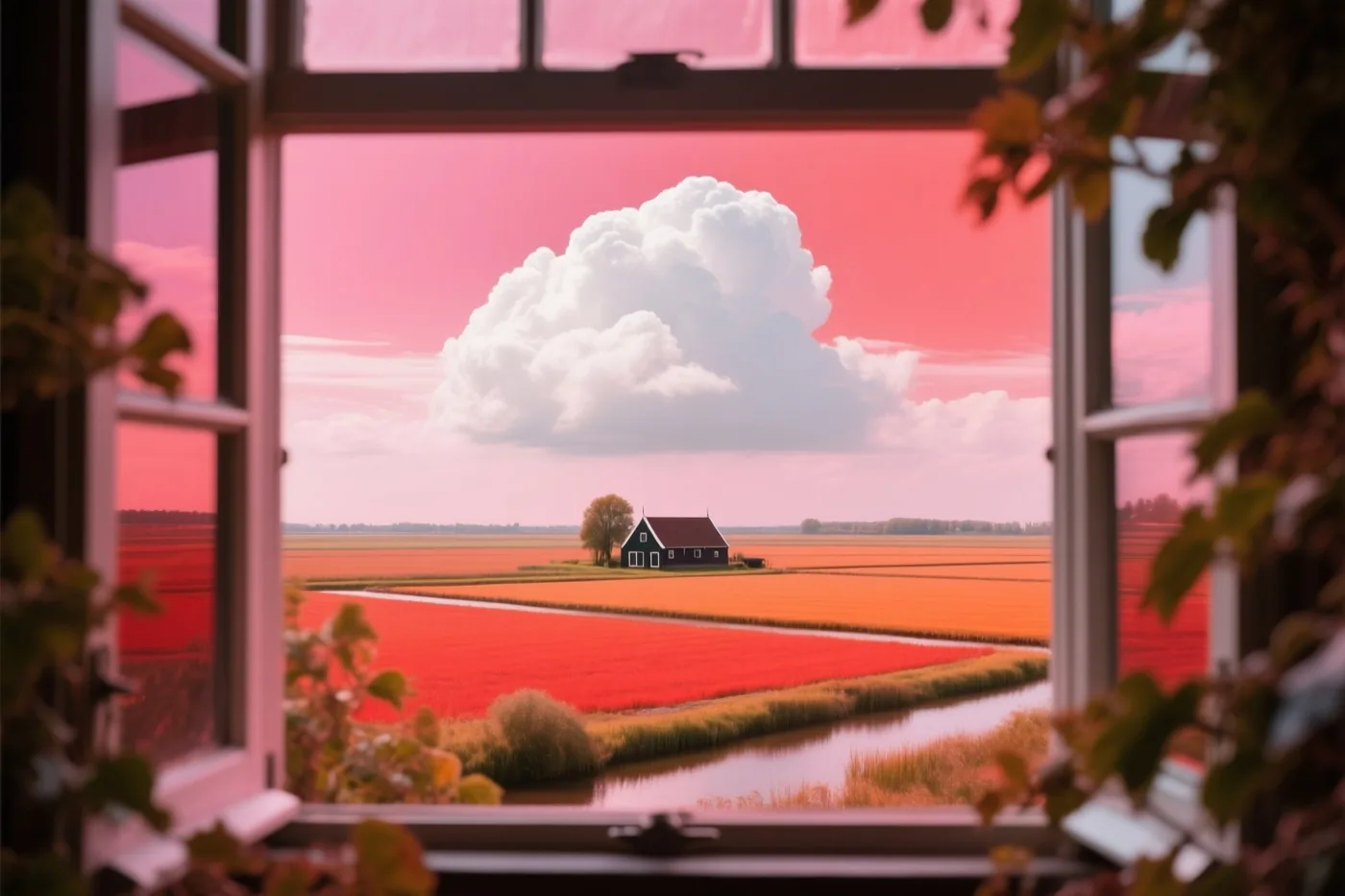 Door een open raam is een donkere boerderij tussen oranjerode velden en een kanaal te zien, onder een felroze lucht met een grote witte wolk.