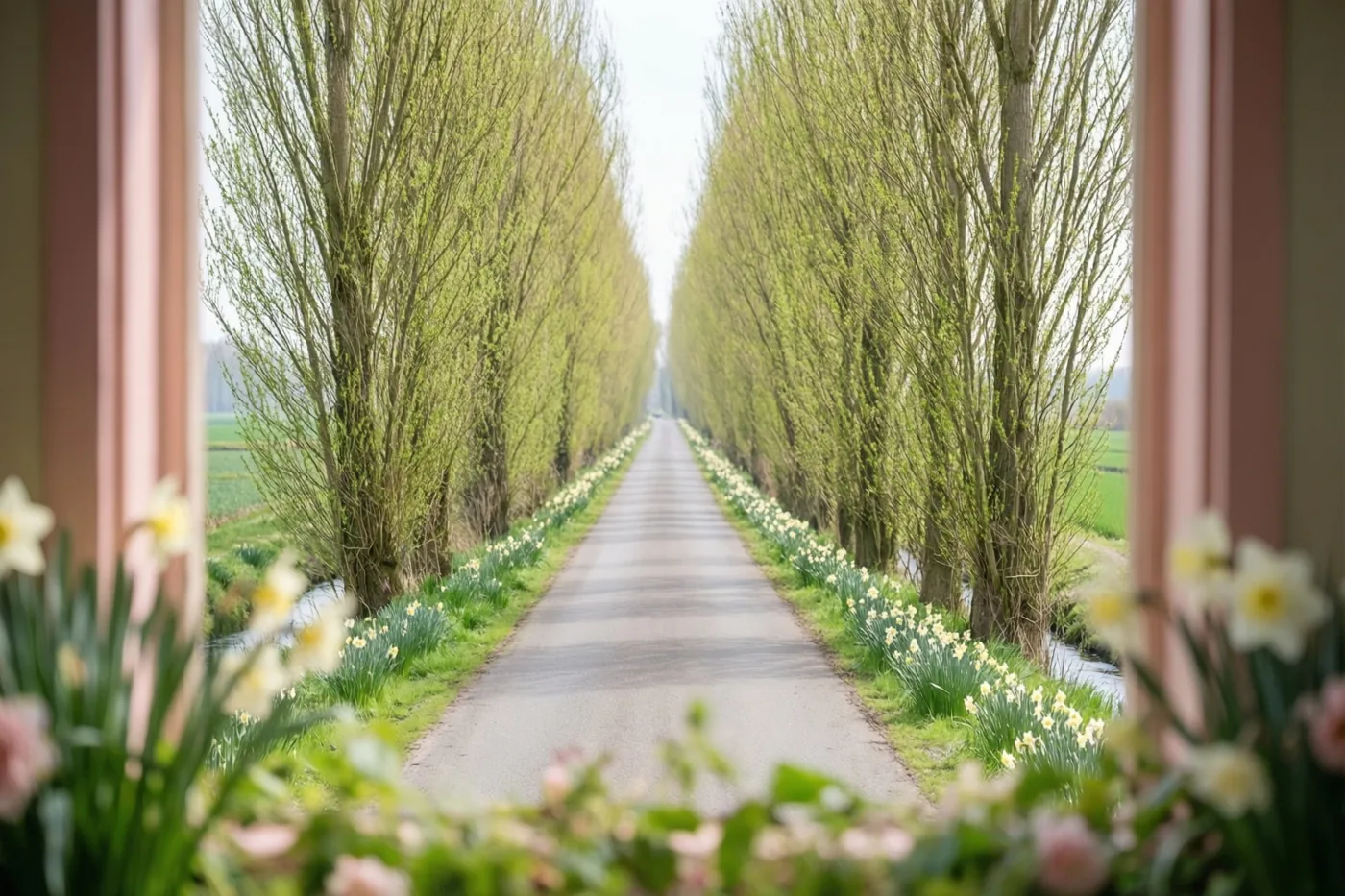 Door een raam zie je een rechte polderweg met knotwilgen vol jonge groene scheuten en bloeiende narcissen langs de bermen in zacht licht.
