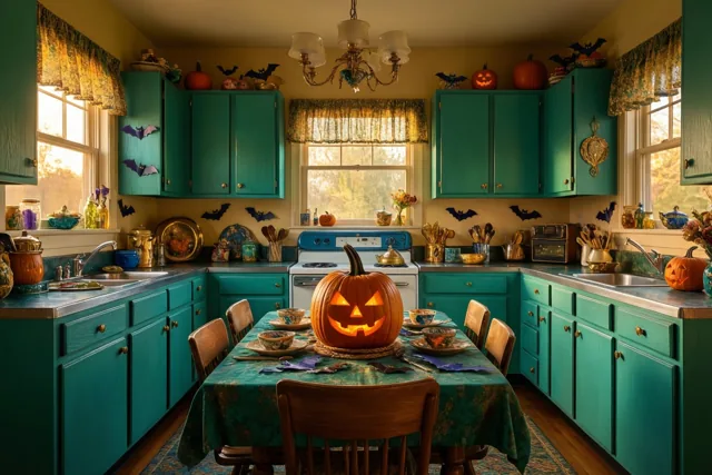 Een keuken in jarenvijftigstijl met blauwgroene kasten, gele muren en een houten vloer heeft een feestelijk gedekte eettafel met een verlichte uitgesneden pompoen en papieren vleermuizen als versiering.
