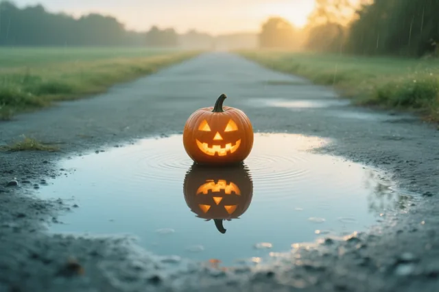 Een lichtgevende pompoen staat in een regenplas op een natte weg en weerspiegelt in het golvende water, met warm licht achteraan en koele tinten vooraan.