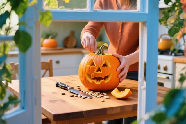 Door een raam met een blauw kader en groen gebladerte ervoor is iemand te zien die een pompoengezicht uitsnijdt aan een houten keukentafel met pitten en een mes.