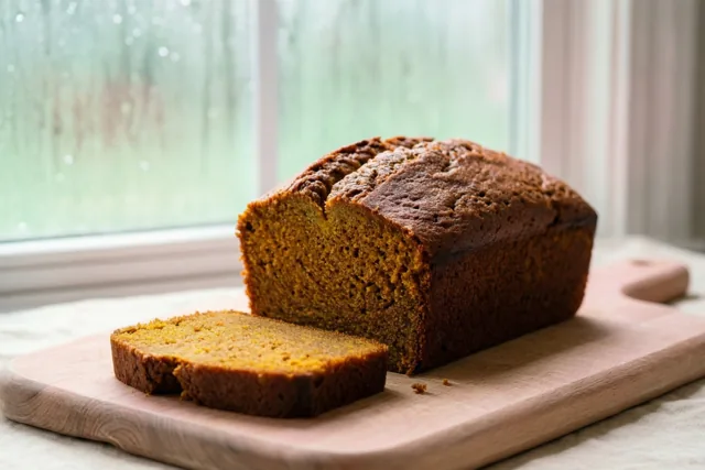 Een pompoenbrood met één afgesneden snee ligt op een houten snijplank bij een raam met een mistig, onscherp groenig uitzicht.