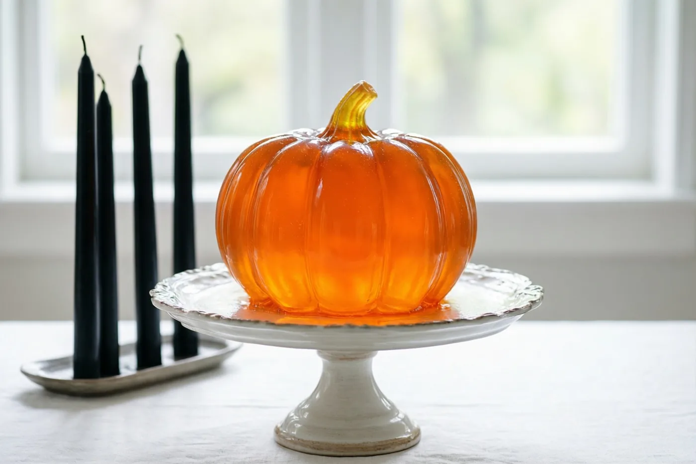 Een oranje geleipudding in pompoenvorm staat op een witte keramische taartstandaard op een wit tafelkleed, met vier zwarte kaarsen op een zilverkleurig dienblad bij een raam op de achtergrond.