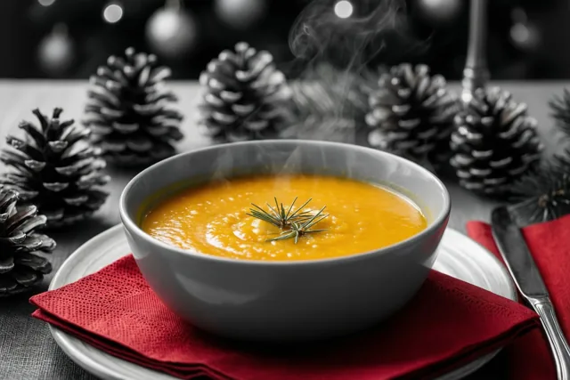 Een dampende kom oranje pompoensoep staat op een rood servet op een wit bord, met dennenappels eromheen op een donkere tafel tegen een zwart-witte achtergrond.