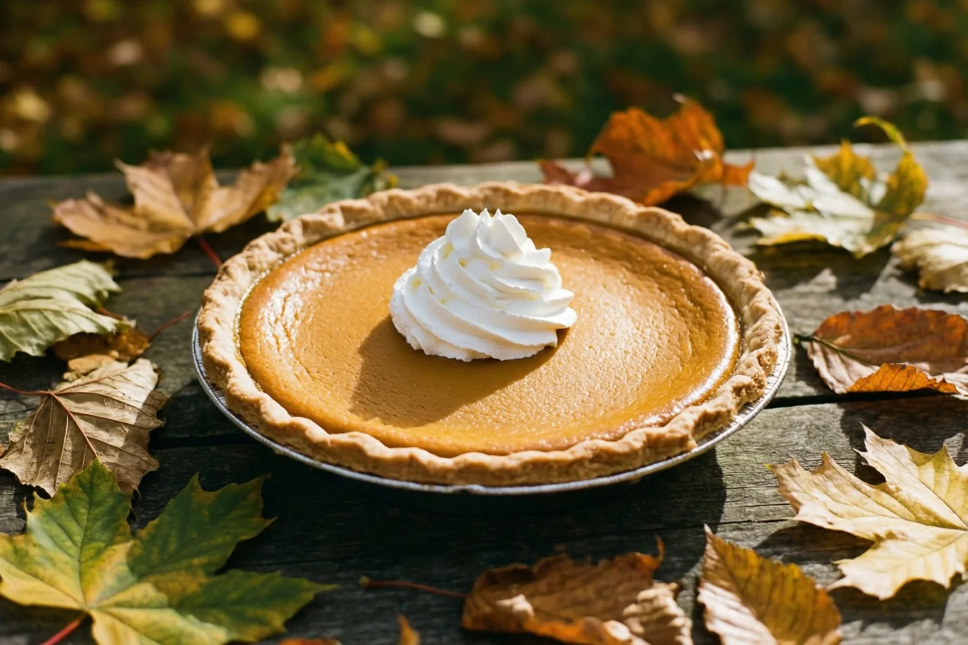 Een pompoentaart met slagroom staat op een rustieke houten tafel tussen herfstbladeren in warm natuurlijk licht.