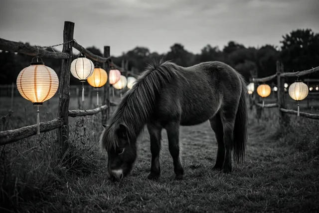 Een kleine pony graast bij valavond in een weide voor een houten hek met brandende papieren lampionnen, waarbij de lampionnen kleur hebben tegen een monochrome achtergrond.