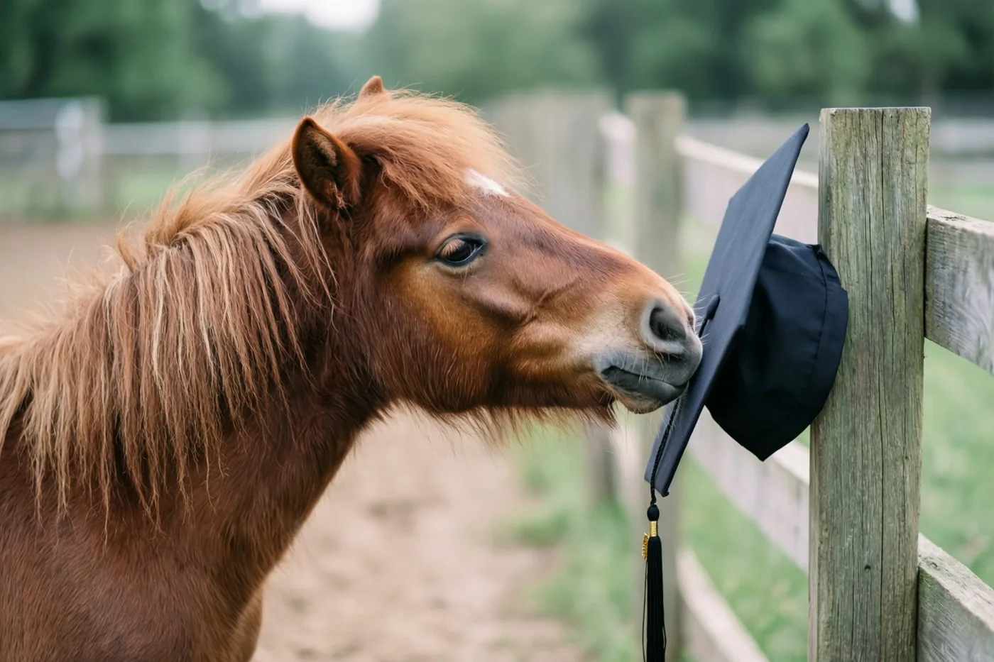 Een kastanjebruine pony in een omheinde wei strekt zijn snuit naar een afstudeerhoed aan een houten weidepaal, met groen op de achtergrond.