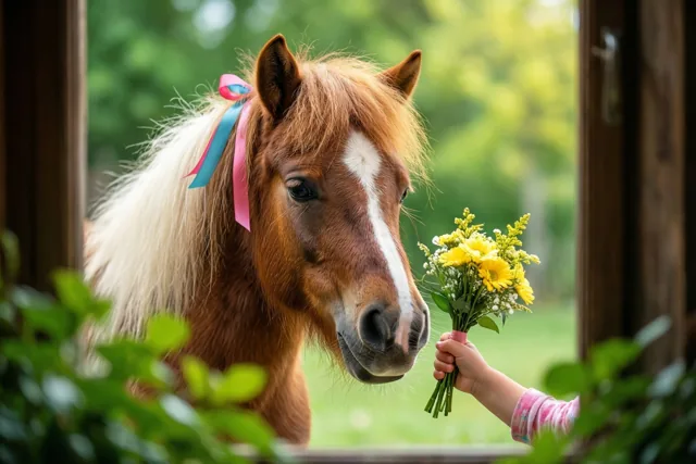 Door een open houten deuropening is te zien hoe een kinderhand gele bloemen aanbiedt aan een bruine pony met witte manen en een roze-blauw lint, met groen op de achtergrond.