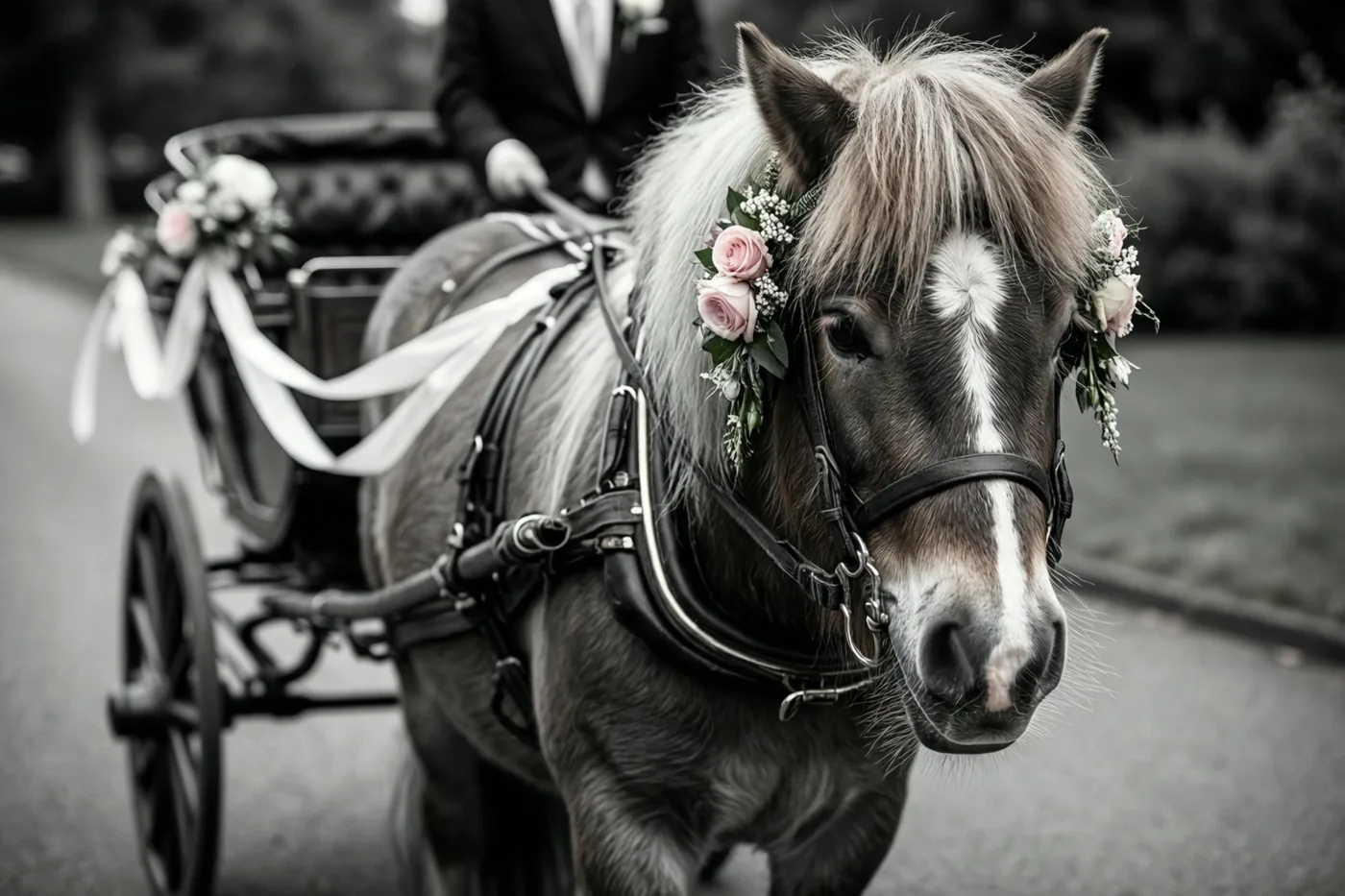 Een pony met bloemenslingers trekt een klein trouwkarretje met linten op een verharde weg, met een bruidegom in pak op de achtergrond.
