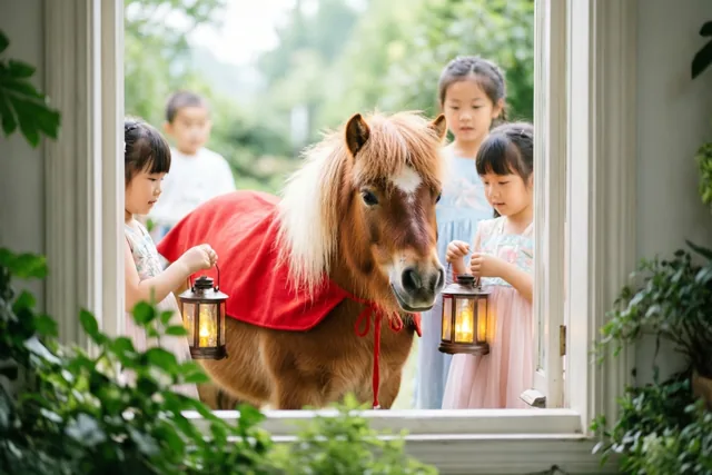 Een pony aan het raam