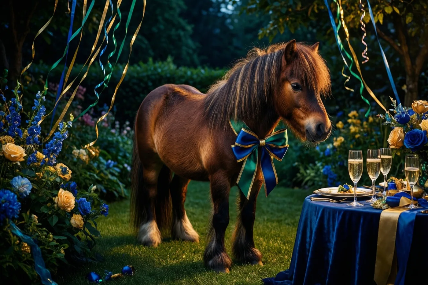 Een bruine pony met een grote blauw-groene strik staat op het gras naast een versierde tafel met champagneglazen, tussen bloemen en slingers in een tuin.