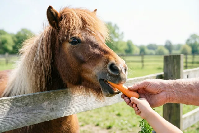Een bruine pony met ruige manen knabbelt aan een wortel die een gerimpelde en een kleine hand door een houten hek aanbieden, in een zonnige wei.