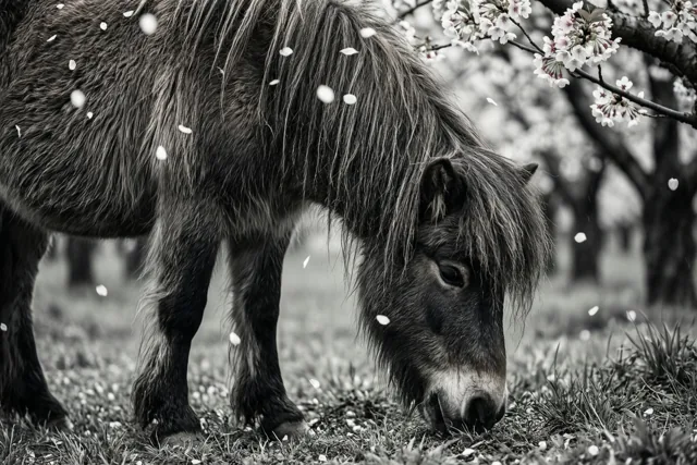 Een zwart-witfoto toont een ruige pony die graast onder een bloeiende kersenboom met neerdwarrelende bloemblaadjes en een onscherpe achtergrond.