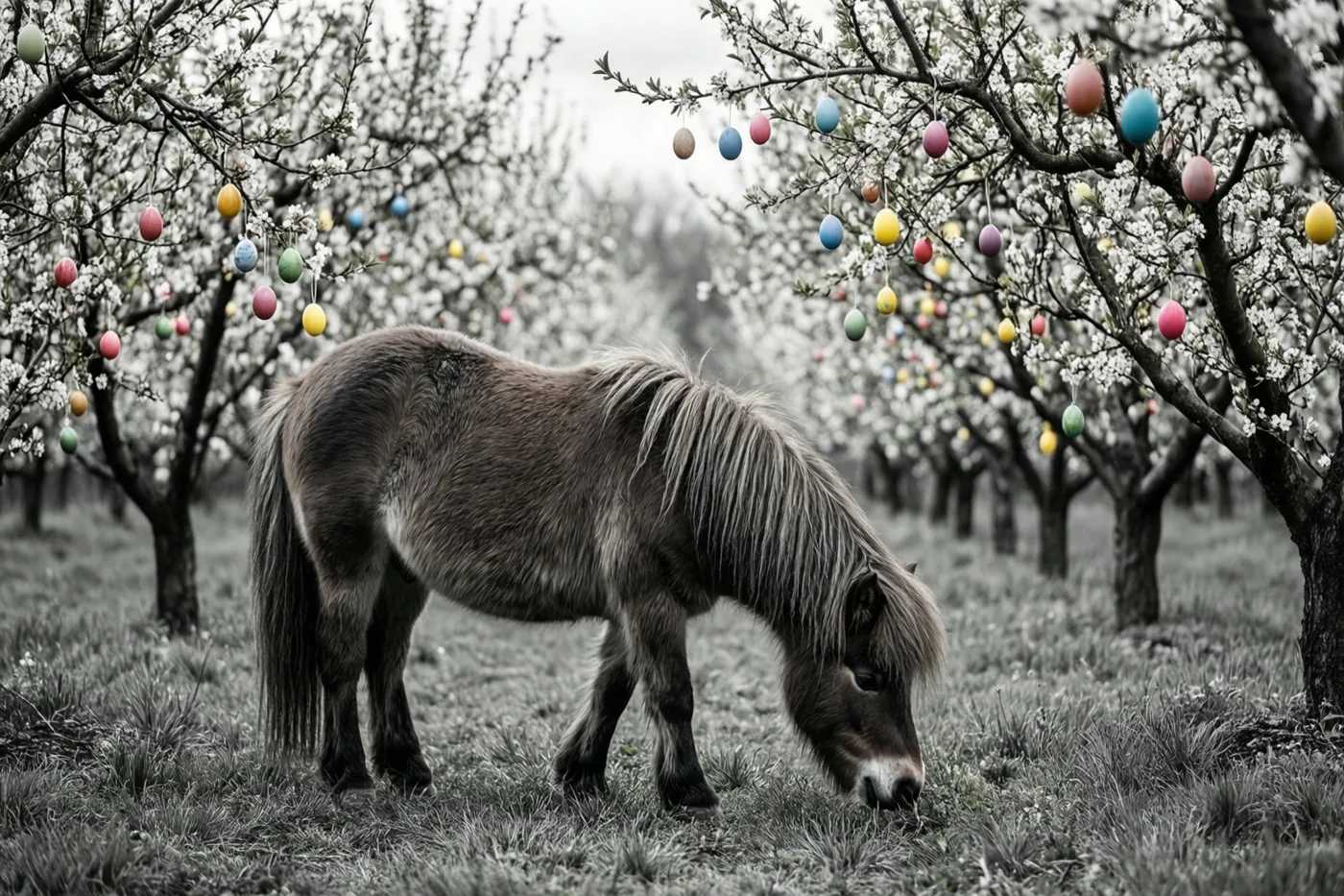 Een kleine pony graast tussen een rij bloeiende bomen met felgekleurde paaseieren aan de takken, terwijl de rest van het beeld in zwart-wit is weergegeven.