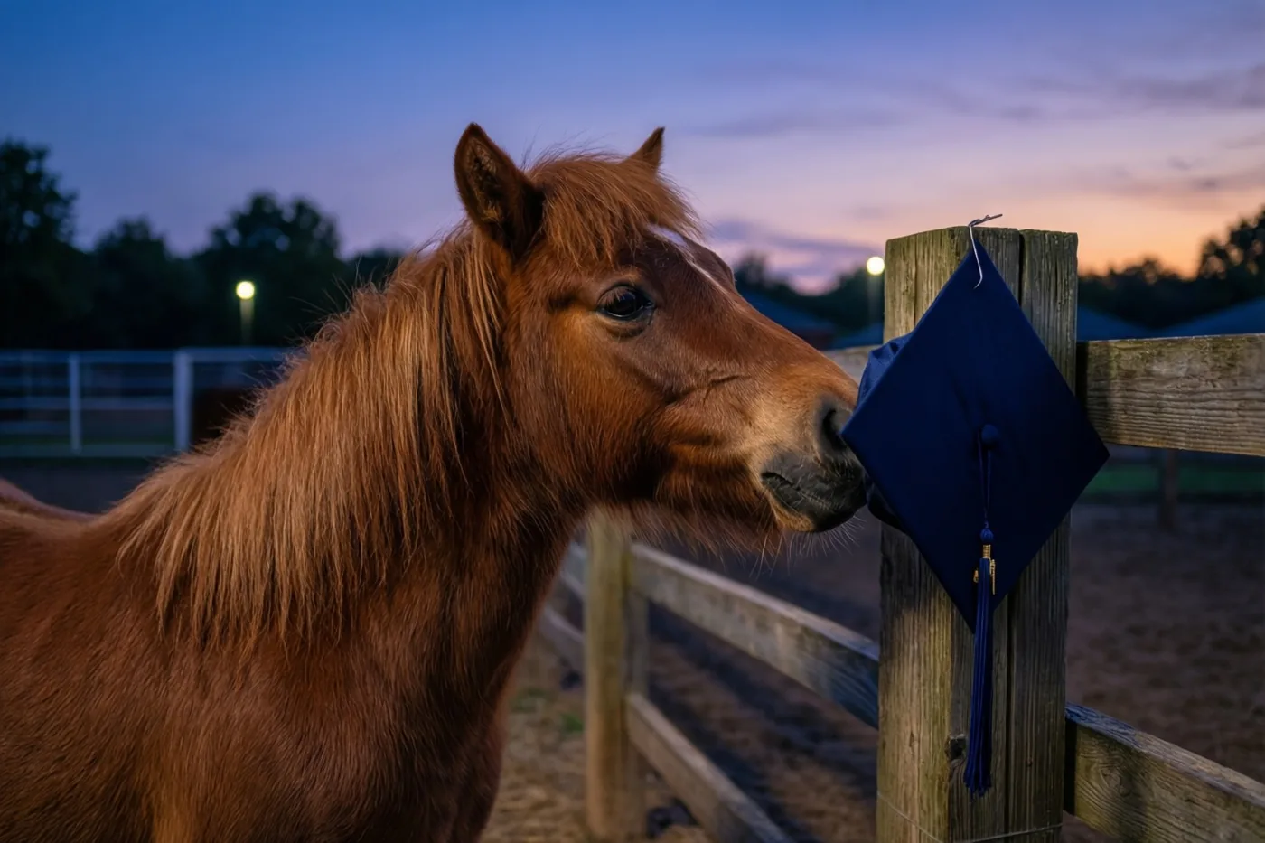 Een kastanjebruine pony raakt met zijn snuit een blauwe afstudeerhoed aan een weidepaal aan, in een houten omheining onder een paarsoranje avondlucht.