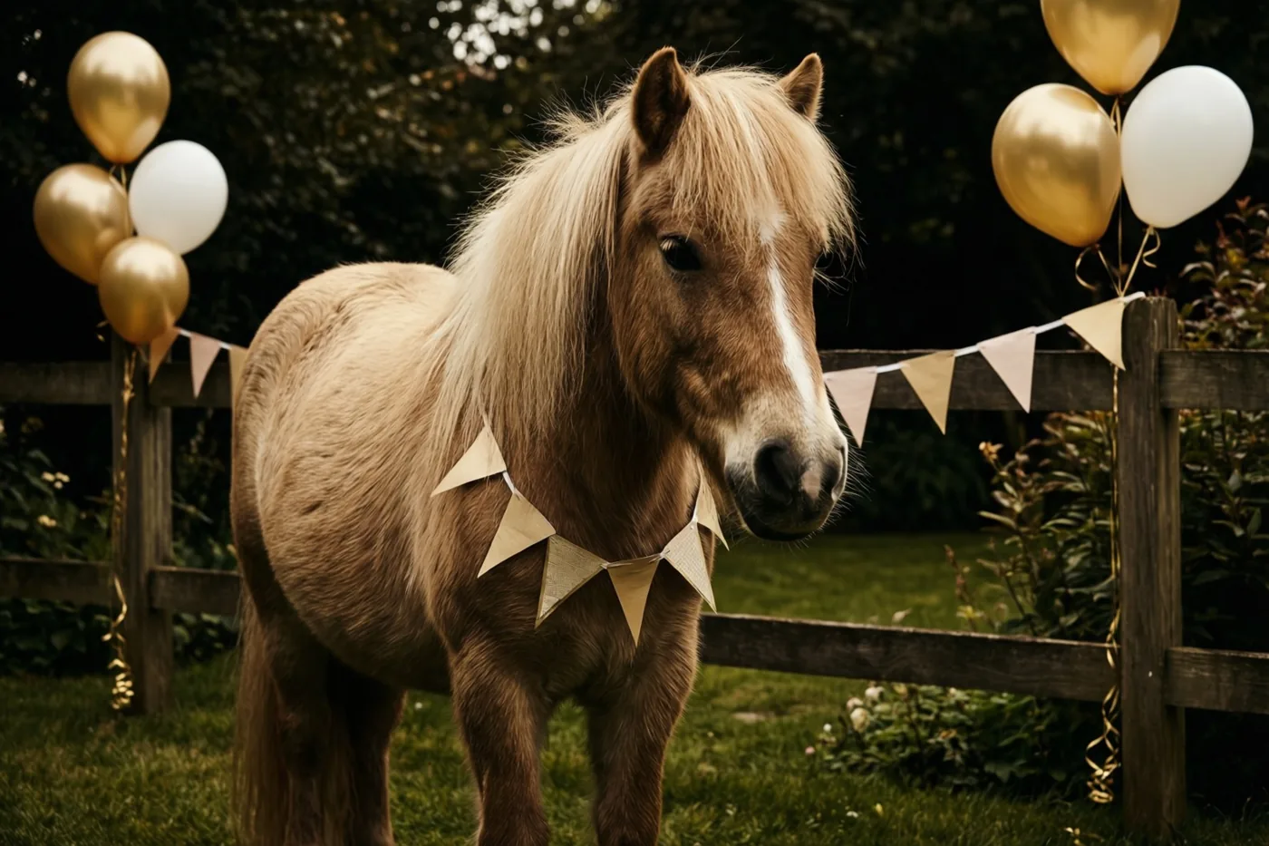 Een kleine bruine pony met blonde manen staat in een tuin met gras, met een gouden papieren vlaggenslinger om zijn hals en gouden en witte ballonnen aan een houten omheining.