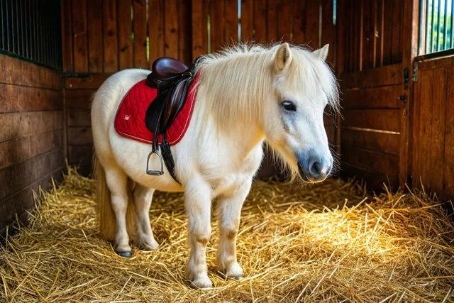 Een witte pony met een rood zadeldek staat op stro tussen houten stalwanden in warm licht.