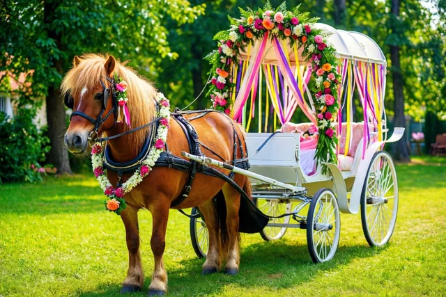 Een bruine pony met bloemenslingers staat op een gazon voor een witte trouwkoets met kleurrijke linten en bloemen, omringd door bomen.
